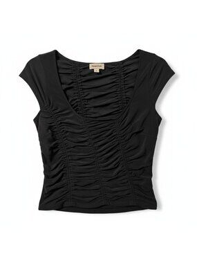 Open Edit Ruched Cup Sleeve Crop Top, Black, L